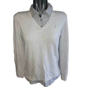 Tommy Hilfiger Pale Gray V-Neck Sweater with Faux Shirt M